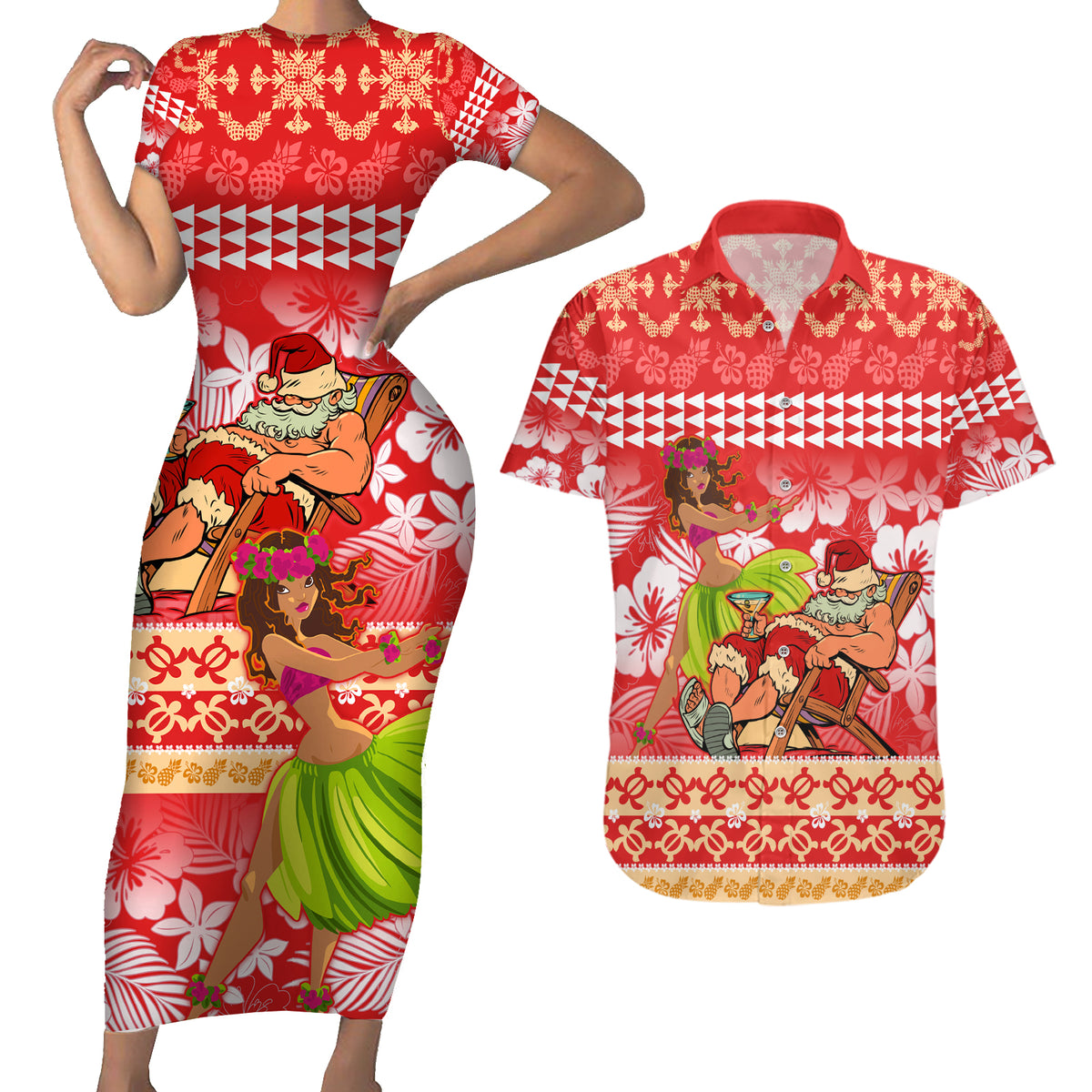 Hawaii Mele Kalikimaka Couples Matching Short Sleeve Bodycon Dress and Hawaiian Shirt Santa Claus and Hula Dancing Merry Christmas LT9 Red - Polynesian Pride