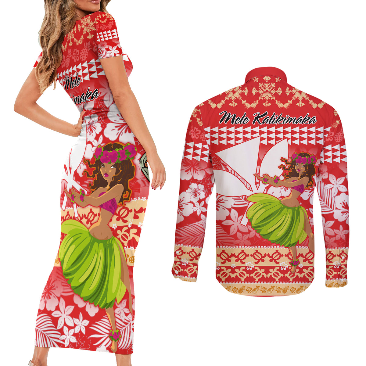 Hawaii Mele Kalikimaka Couples Matching Short Sleeve Bodycon Dress and Long Sleeve Button Shirt Santa Claus and Hula Dancing Merry Christmas LT9 - Polynesian Pride
