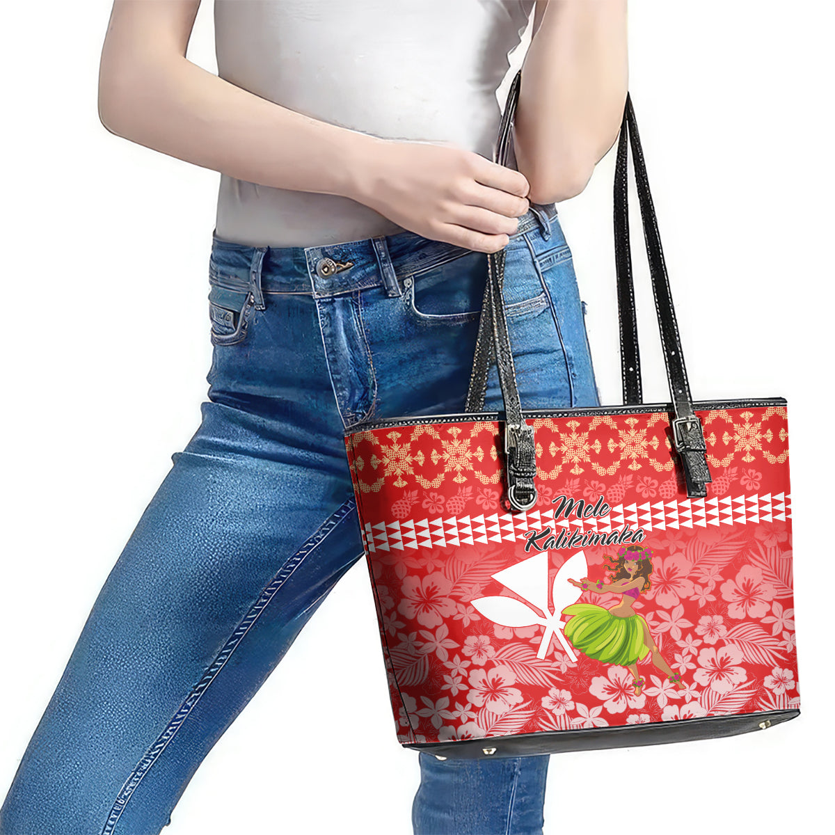 Hawaii Mele Kalikimaka Leather Tote Bag Santa Claus and Hula Dancing Merry Christmas LT9 - Polynesian Pride