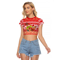 Hawaii Mele Kalikimaka Raglan Cropped T Shirt Santa Claus and Hula Dancing Merry Christmas LT9 Female Red - Polynesian Pride