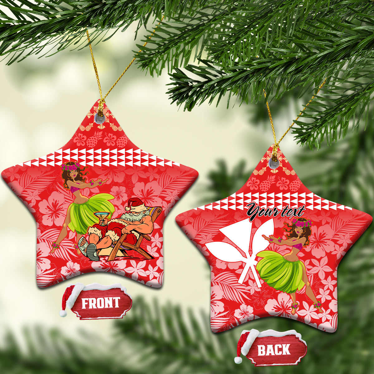 Personalised Hawaii Mele Kalikimaka Ceramic Ornament Santa Claus and Hula Dancing Merry Christmas LT9 Star Red - Polynesian Pride