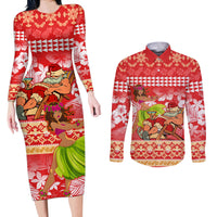 Personalised Hawaii Mele Kalikimaka Couples Matching Long Sleeve Bodycon Dress and Long Sleeve Button Shirt Santa Claus and Hula Dancing Merry Christmas LT9 Red - Polynesian Pride