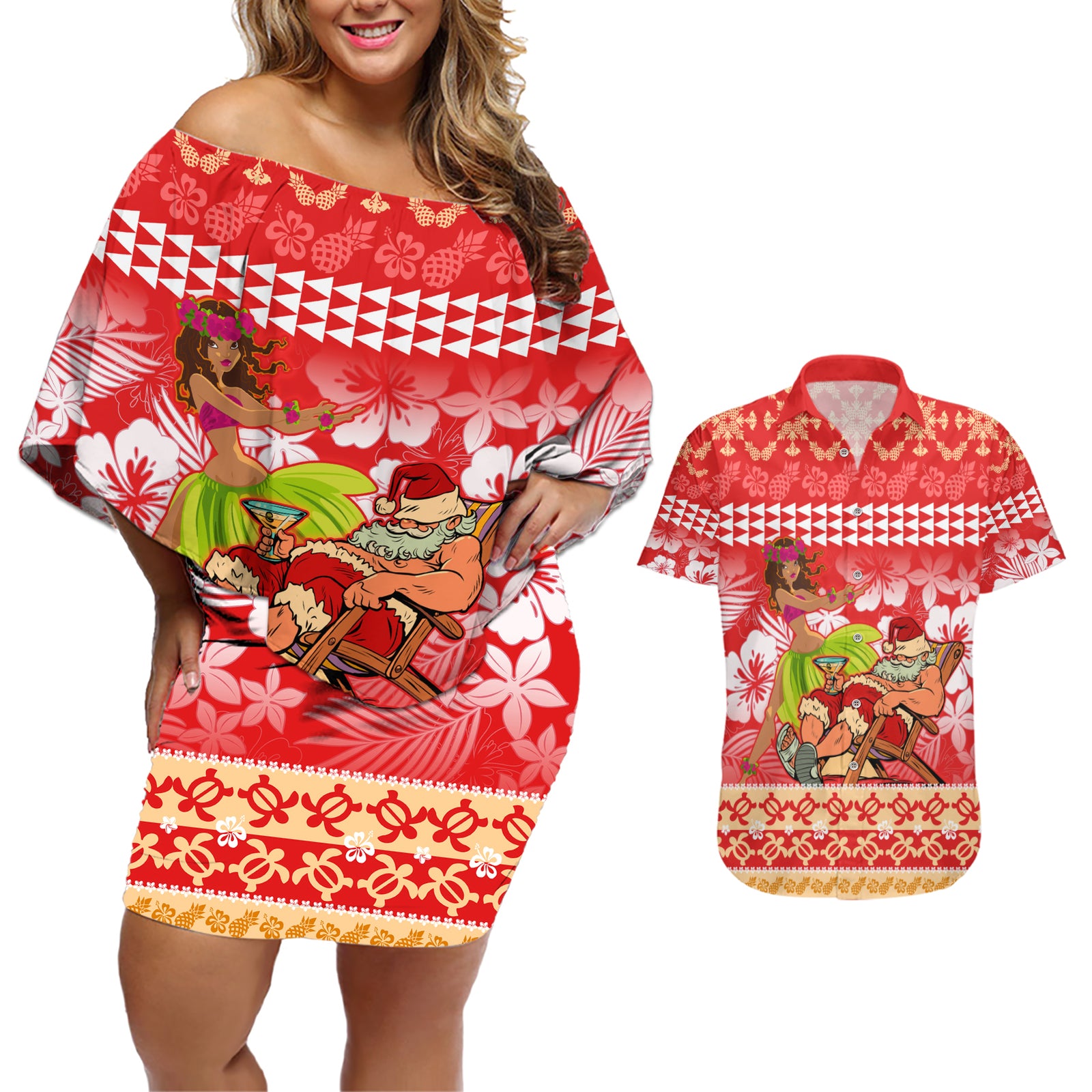 Personalised Hawaii Mele Kalikimaka Couples Matching Off Shoulder Short Dress and Hawaiian Shirt Santa Claus and Hula Dancing Merry Christmas LT9 Red - Polynesian Pride