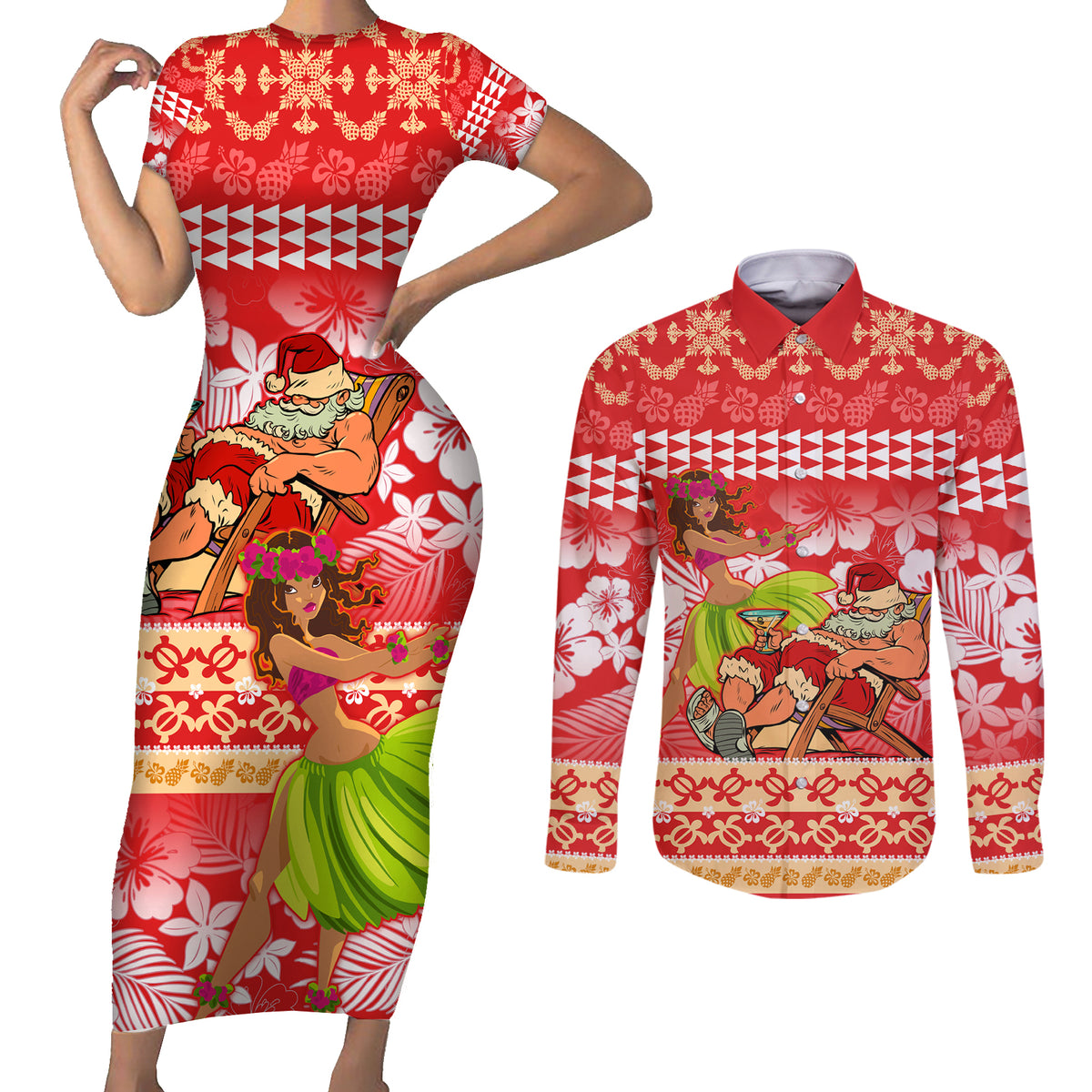 Personalised Hawaii Mele Kalikimaka Couples Matching Short Sleeve Bodycon Dress and Long Sleeve Button Shirt Santa Claus and Hula Dancing Merry Christmas LT9 Red - Polynesian Pride