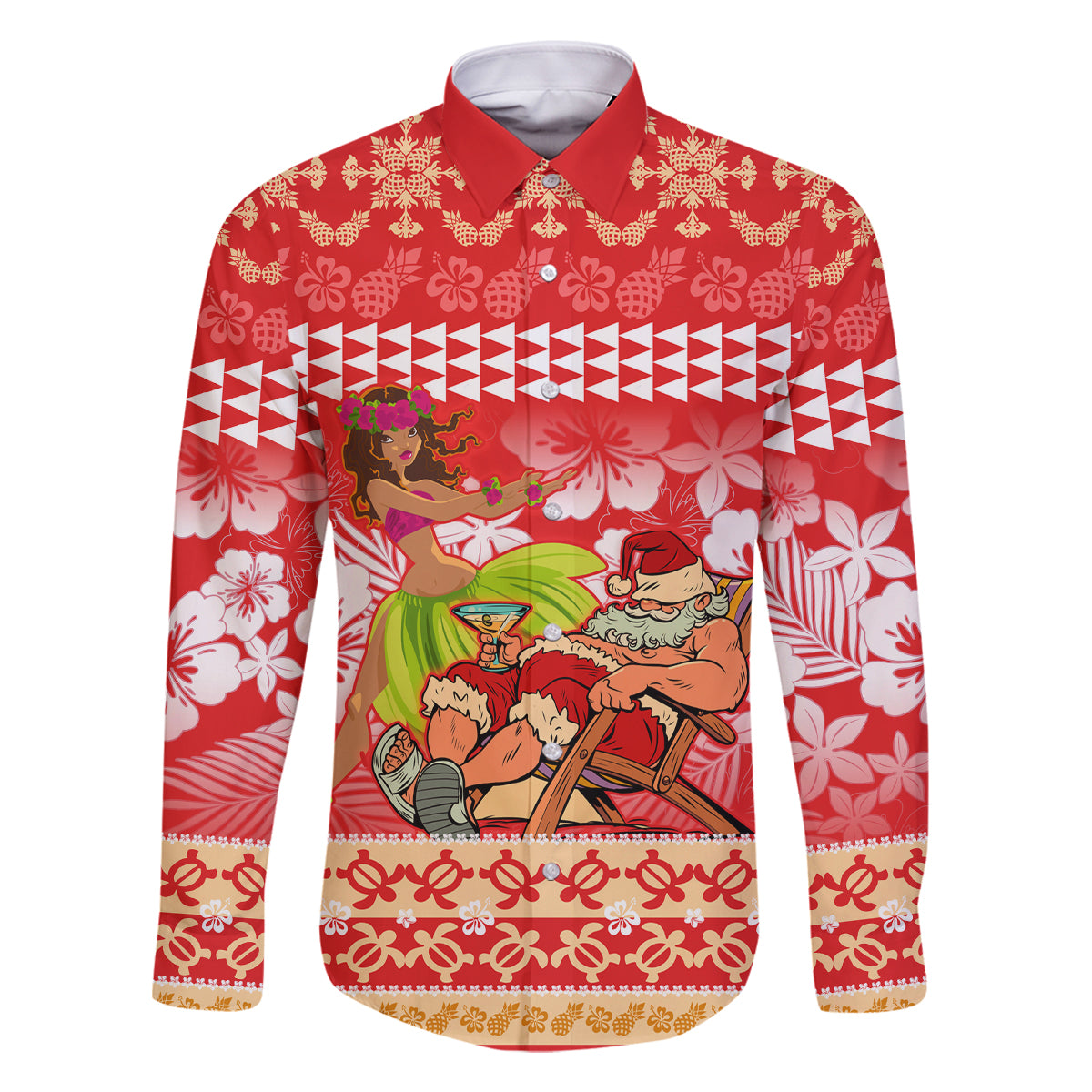 Personalised Hawaii Mele Kalikimaka Family Matching Long Sleeve Bodycon Dress and Hawaiian Shirt Santa Claus and Hula Dancing Merry Christmas LT9 Dad's Shirt - Long Sleeve Red - Polynesian Pride
