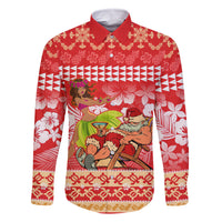 Personalised Hawaii Mele Kalikimaka Family Matching Mermaid Dress and Hawaiian Shirt Santa Claus and Hula Dancing Merry Christmas LT9 Dad's Shirt - Long Sleeve Red - Polynesian Pride