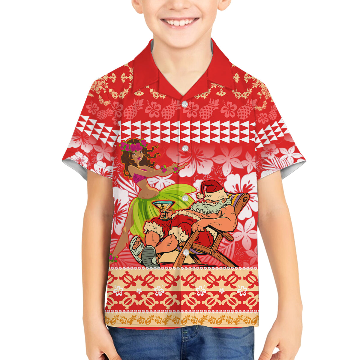 Personalised Hawaii Mele Kalikimaka Family Matching Off Shoulder Maxi Dress and Hawaiian Shirt Santa Claus and Hula Dancing Merry Christmas LT9 Son's Shirt Red - Polynesian Pride