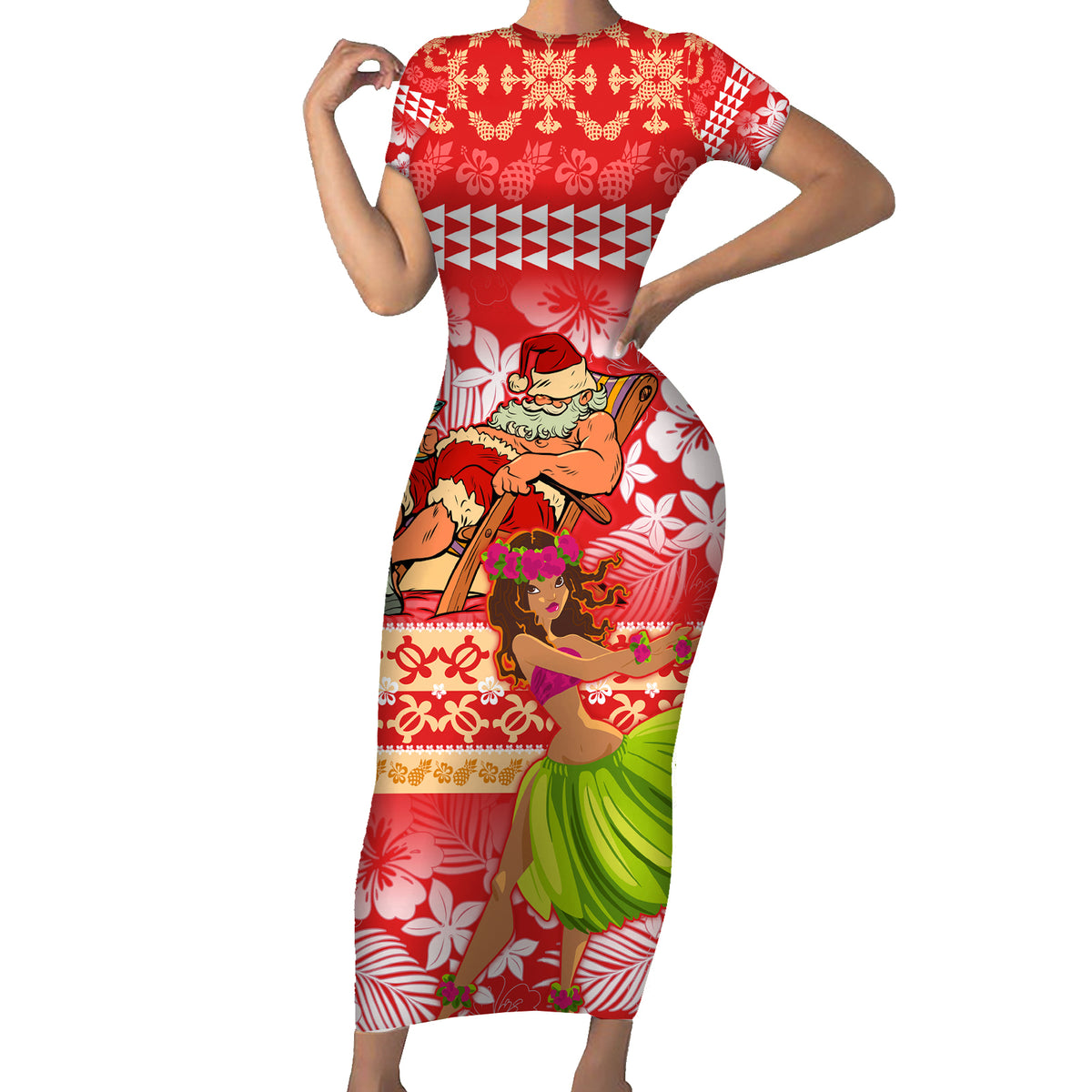 Personalised Hawaii Mele Kalikimaka Family Matching Short Sleeve Bodycon Dress and Hawaiian Shirt Santa Claus and Hula Dancing Merry Christmas LT9 Mom's Dress Red - Polynesian Pride