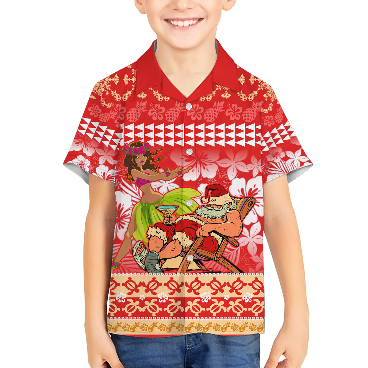 Personalised Hawaii Mele Kalikimaka Family Matching Short Sleeve Bodycon Dress and Hawaiian Shirt Santa Claus and Hula Dancing Merry Christmas LT9 Son's Shirt Red - Polynesian Pride