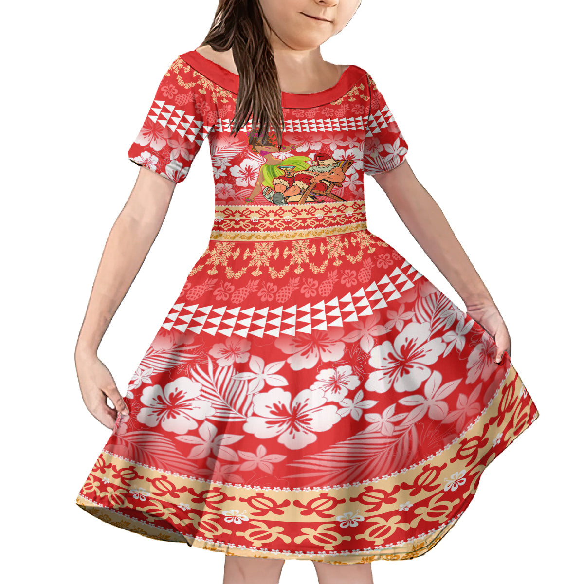 Personalised Hawaii Mele Kalikimaka Family Matching Tank Maxi Dress and Hawaiian Shirt Santa Claus and Hula Dancing Merry Christmas LT9 Daughter's Dress Red - Polynesian Pride