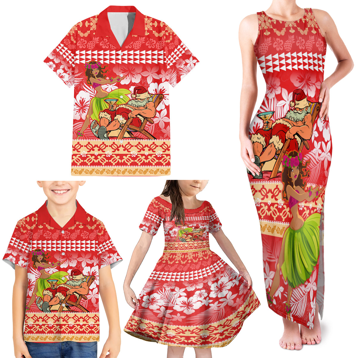 Personalised Hawaii Mele Kalikimaka Family Matching Tank Maxi Dress and Hawaiian Shirt Santa Claus and Hula Dancing Merry Christmas LT9 - Polynesian Pride