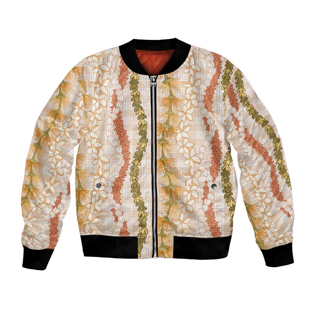 Hawaiian Ohia Lehua Lei Bomber Jacket Plaid Palaka Ahiehie Pattern - Polynesian Pride