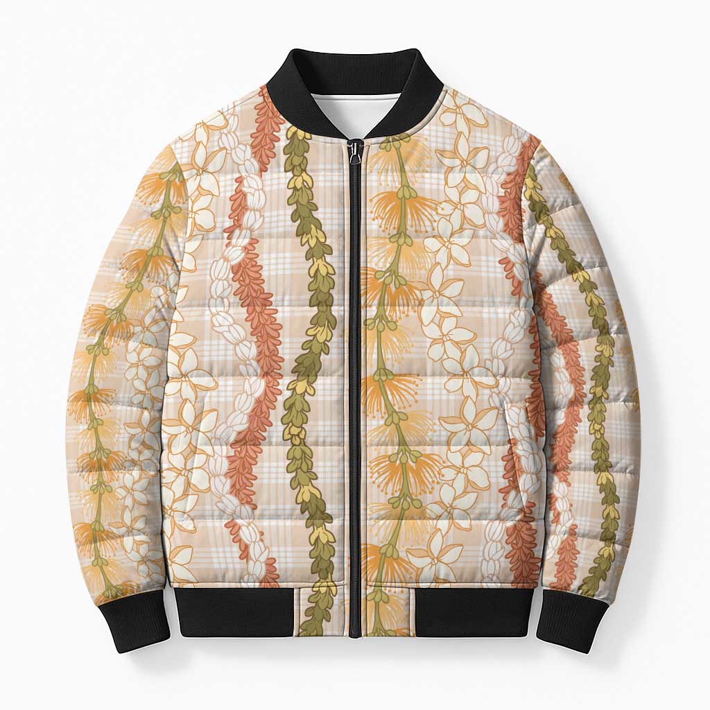 Hawaiian Ohia Lehua Lei Bomber Puffer Jacket Plaid Palaka Ahiehie Pattern - Polynesian Pride