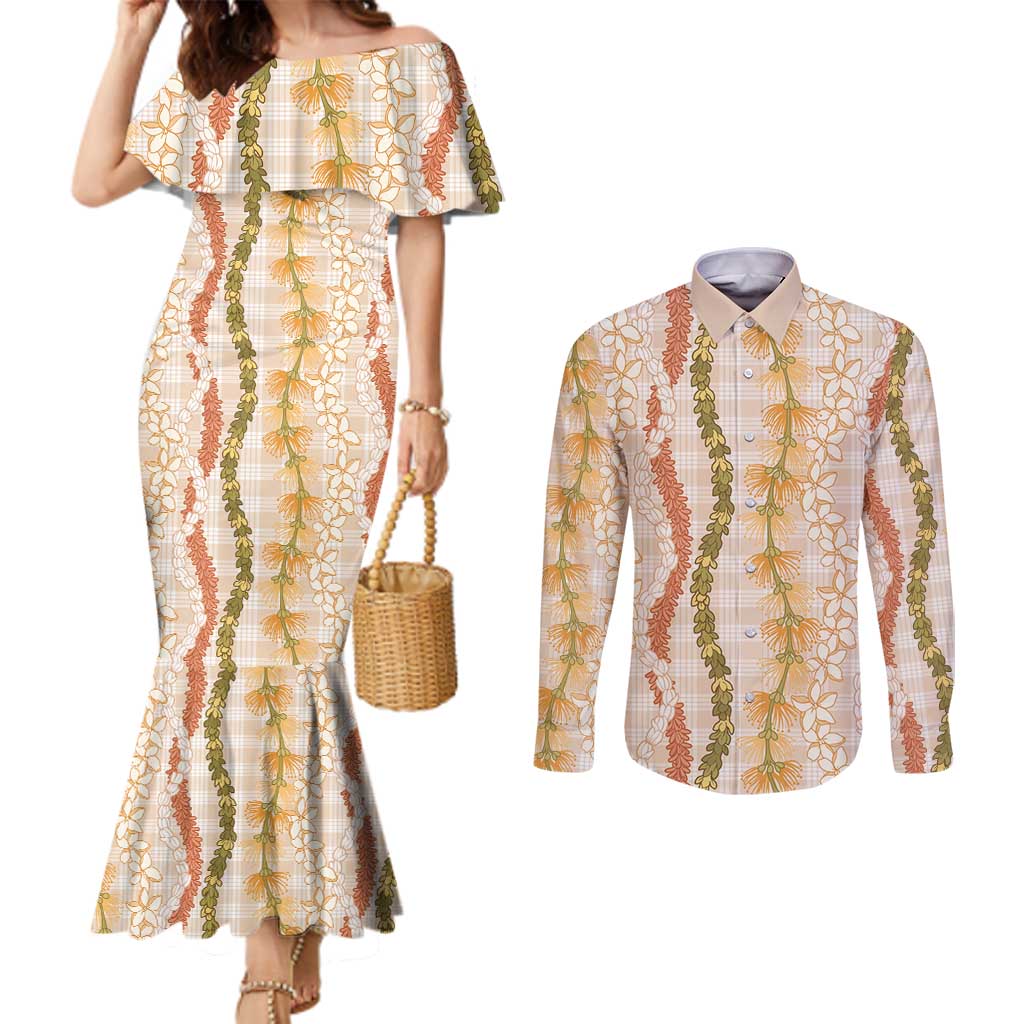 Hawaiian Ohia Lehua Lei Couples Matching Mermaid Dress and Long Sleeve Button Shirt Plaid Palaka Ahiehie Pattern - Polynesian Pride