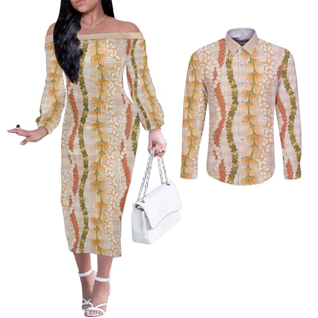 Hawaiian Ohia Lehua Lei Couples Matching Off The Shoulder Long Sleeve Dress and Long Sleeve Button Shirt Plaid Palaka Ahiehie Pattern - Polynesian Pride