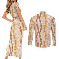 Hawaiian Ohia Lehua Lei Couples Matching Short Sleeve Bodycon Dress and Long Sleeve Button Shirt Plaid Palaka Ahiehie Pattern - Polynesian Pride
