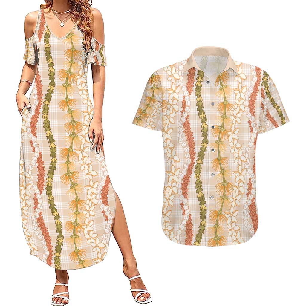 Hawaiian Ohia Lehua Lei Couples Matching Summer Maxi Dress and Hawaiian Shirt Plaid Palaka Ahiehie Pattern - Polynesian Pride
