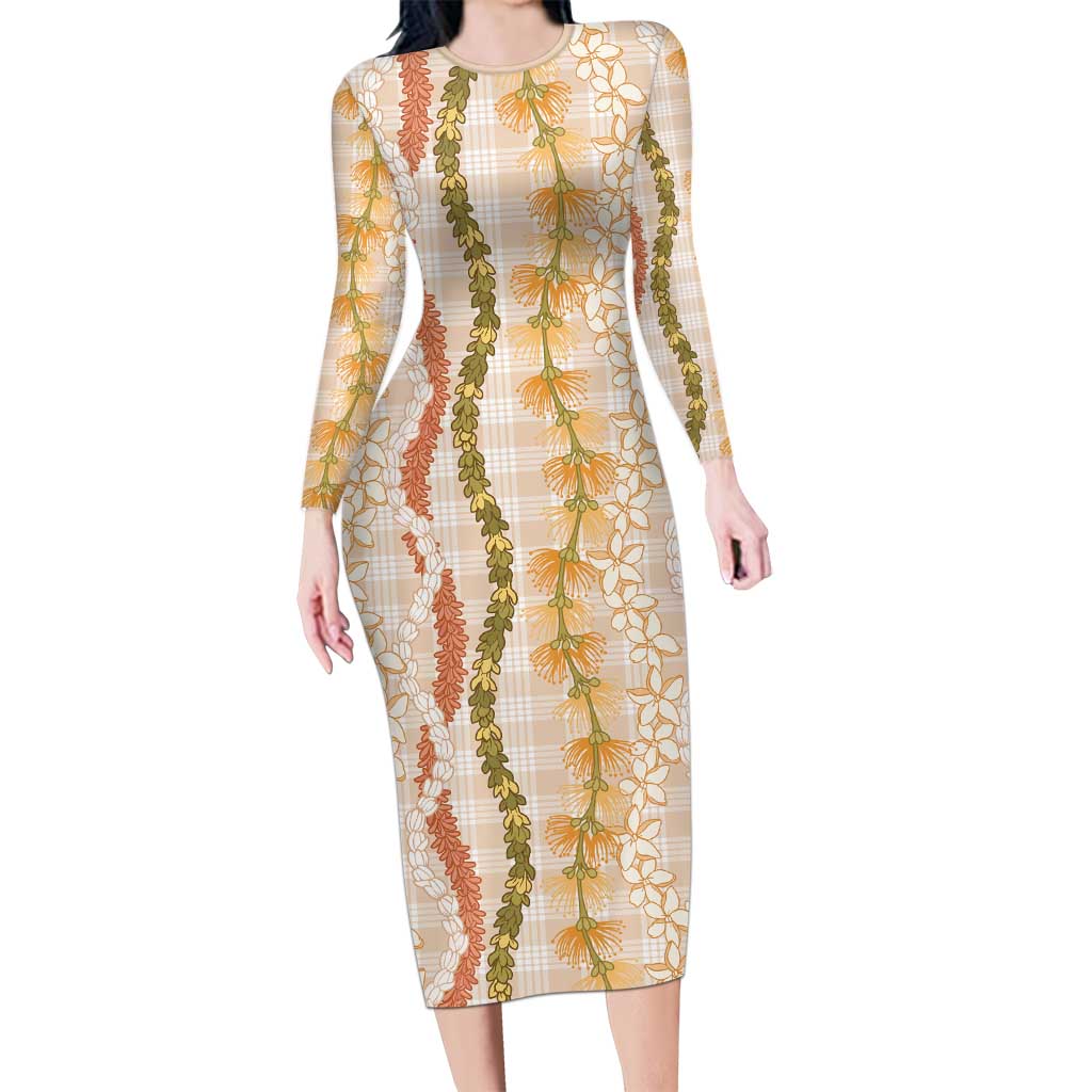 Hawaiian Ohia Lehua Lei Family Matching Long Sleeve Bodycon Dress and Hawaiian Shirt Plaid Palaka Ahiehie Pattern - Polynesian Pride