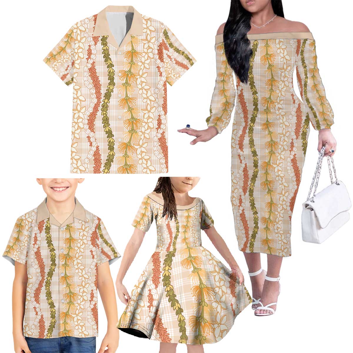 Hawaiian Ohia Lehua Lei Family Matching Off The Shoulder Long Sleeve Dress and Hawaiian Shirt Plaid Palaka Ahiehie Pattern - Polynesian Pride