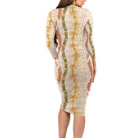 Hawaiian Ohia Lehua Lei Long Sleeve Bodycon Dress Plaid Palaka Ahiehie Pattern - Polynesian Pride