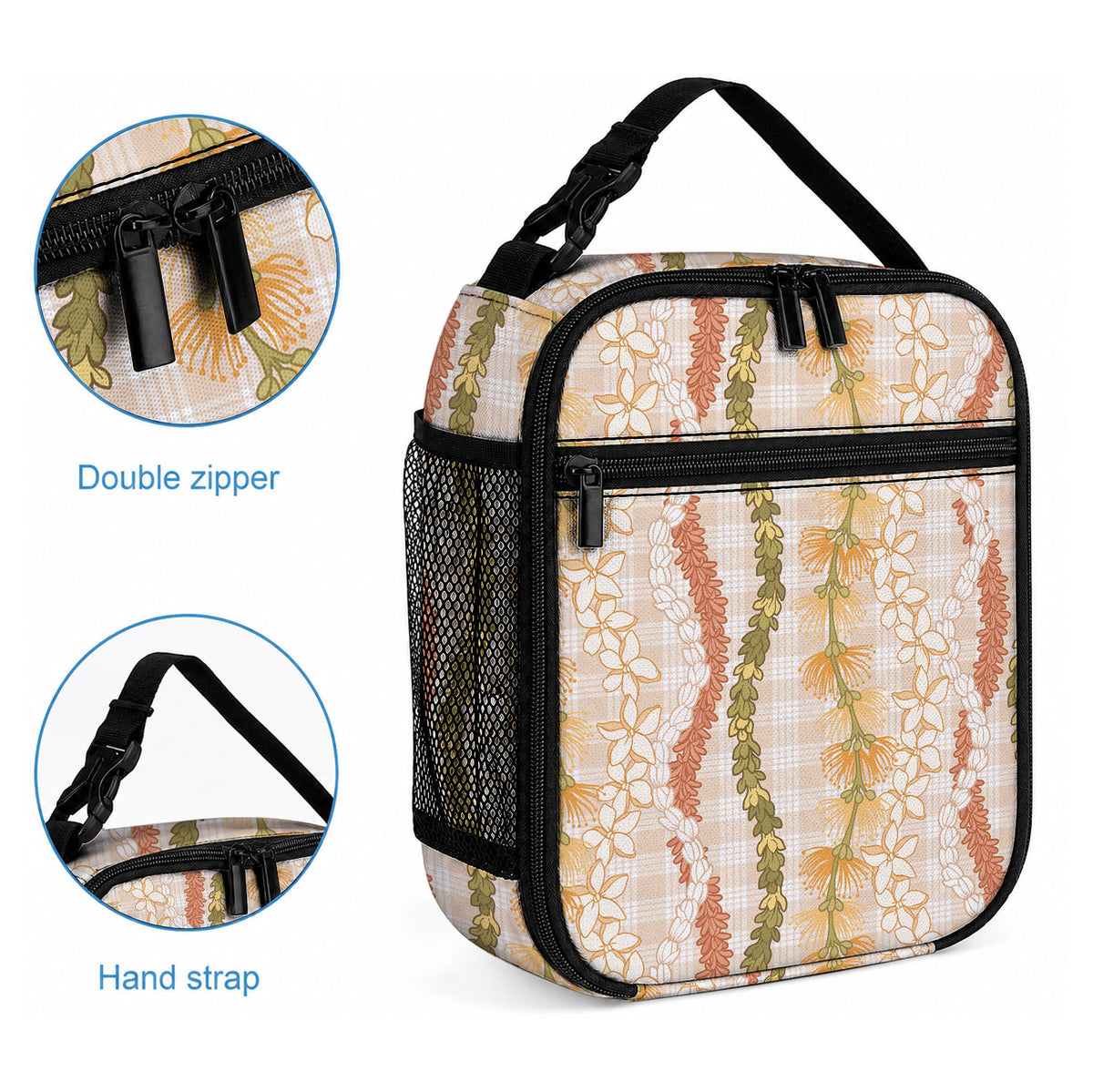 Hawaiian Ohia Lehua Lei Lunch Bag Plaid Palaka Ahiehie Pattern
