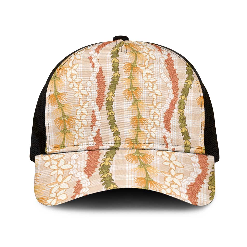 Hawaiian Ohia Lehua Lei Mesh Trucker Cap Plaid Palaka Ahiehie Pattern - Polynesian Pride