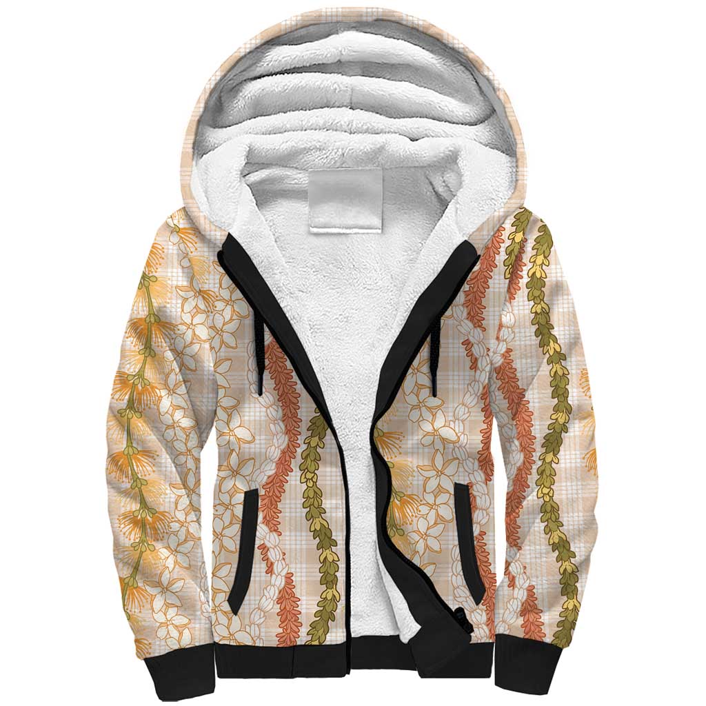 Hawaiian Ohia Lehua Lei Sherpa Hoodie Plaid Palaka Ahiehie Pattern - Polynesian Pride
