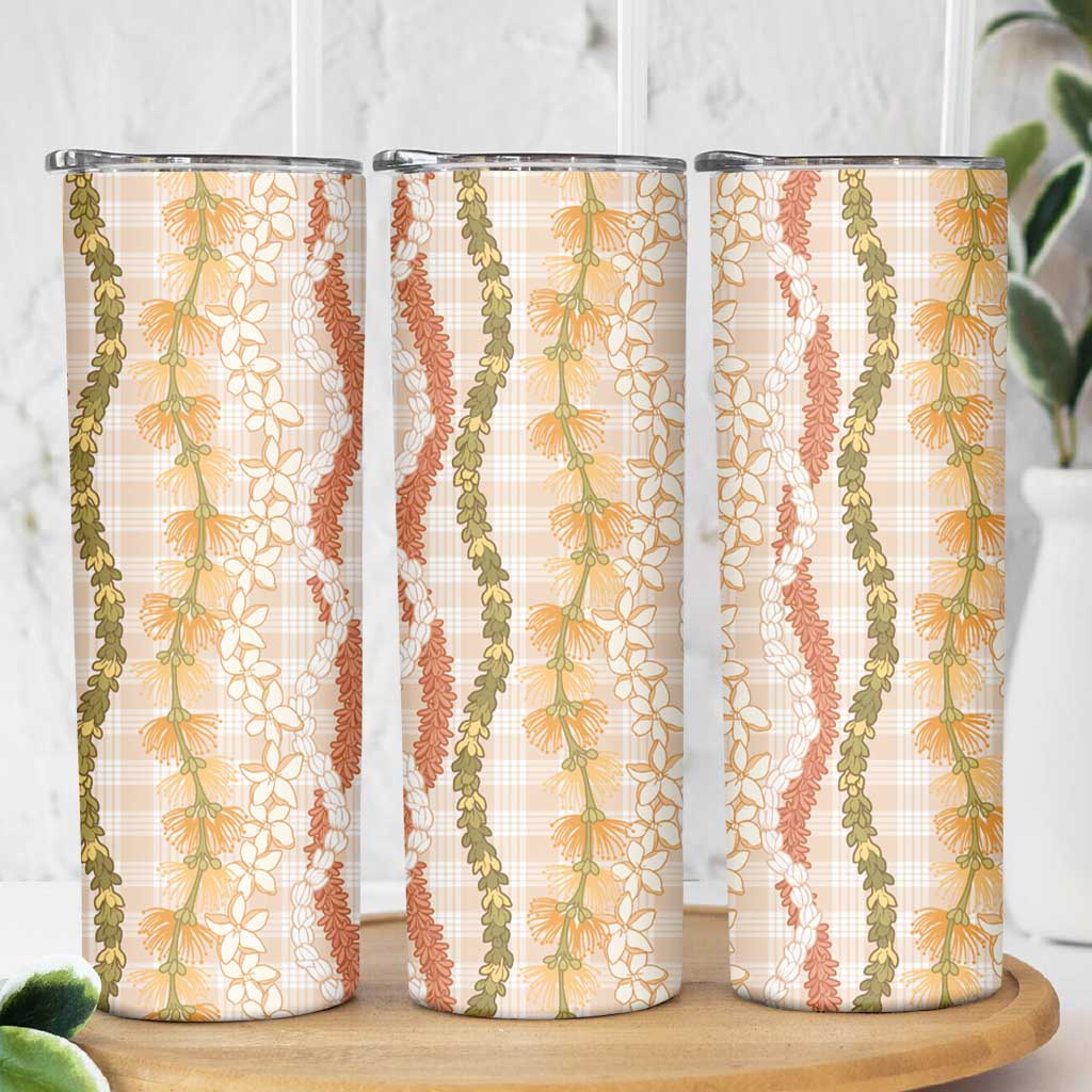 Hawaiian Ohia Lehua Lei Skinny Tumbler Plaid Palaka Ahiehie Pattern - Polynesian Pride