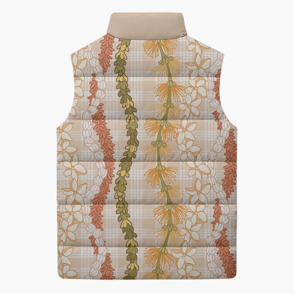 Hawaiian Ohia Lehua Lei Sleeveless Puffer Jacket Plaid Palaka Ahiehie Pattern - Polynesian Pride