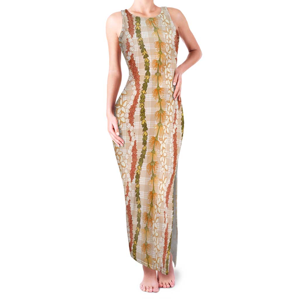 Hawaiian Ohia Lehua Lei Tank Maxi Dress Plaid Palaka Ahiehie Pattern - Polynesian Pride