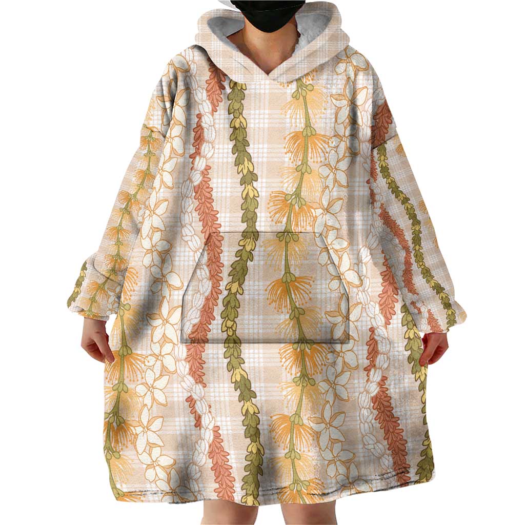 Hawaiian Ohia Lehua Lei Wearable Blanket Hoodie Plaid Palaka Ahiehie Pattern - Polynesian Pride