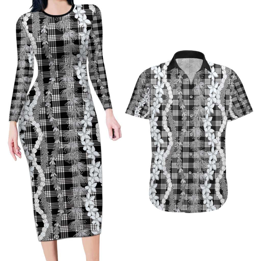 Hawaiian Ohia Lehua Lei Couples Matching Long Sleeve Bodycon Dress and Hawaiian Shirt Plaid Palaka Eleele Pattern - Polynesian Pride