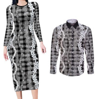 Hawaiian Ohia Lehua Lei Couples Matching Long Sleeve Bodycon Dress and Long Sleeve Button Shirt Plaid Palaka Eleele Pattern - Polynesian Pride