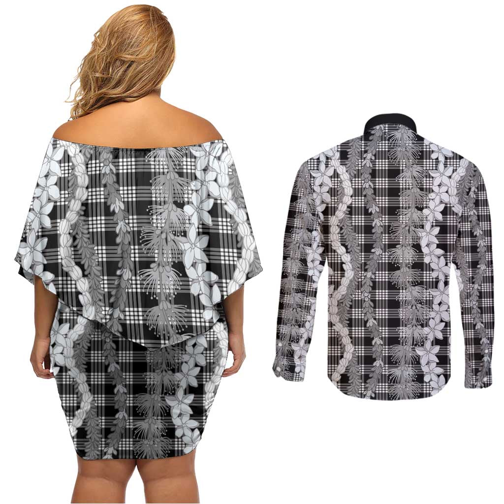 Hawaiian Ohia Lehua Lei Couples Matching Off Shoulder Short Dress and Long Sleeve Button Shirt Plaid Palaka Eleele Pattern - Polynesian Pride
