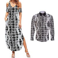 Hawaiian Ohia Lehua Lei Couples Matching Summer Maxi Dress and Long Sleeve Button Shirt Plaid Palaka Eleele Pattern - Polynesian Pride