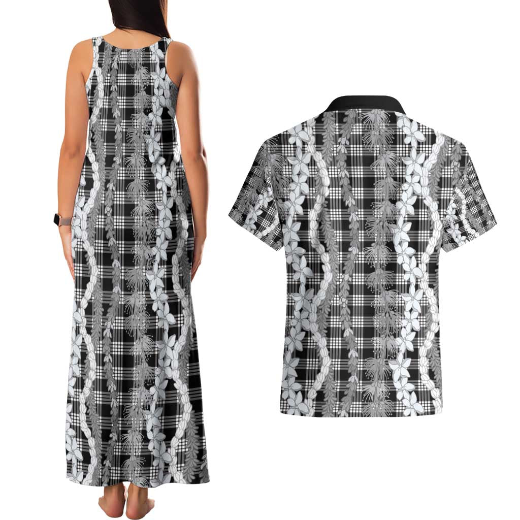 Hawaiian Ohia Lehua Lei Couples Matching Tank Maxi Dress and Hawaiian Shirt Plaid Palaka Eleele Pattern - Polynesian Pride