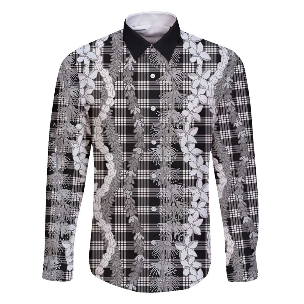 Hawaiian Ohia Lehua Lei Family Matching Long Sleeve Bodycon Dress and Hawaiian Shirt Plaid Palaka Eleele Pattern - Polynesian Pride