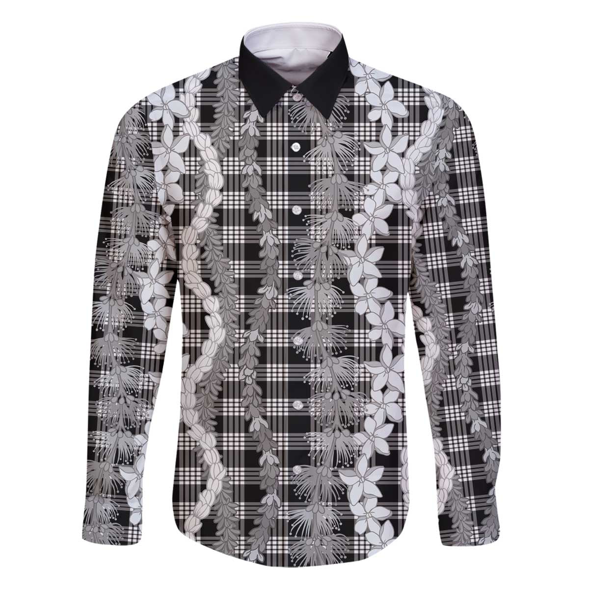 Hawaiian Ohia Lehua Lei Family Matching Off The Shoulder Long Sleeve Dress and Hawaiian Shirt Plaid Palaka Eleele Pattern - Polynesian Pride