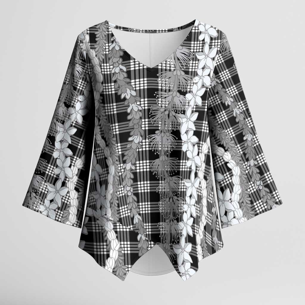 Hawaiian Ohia Lehua Lei Kimono Sleeve Blouse Plaid Palaka Eleele Pattern - Polynesian Pride