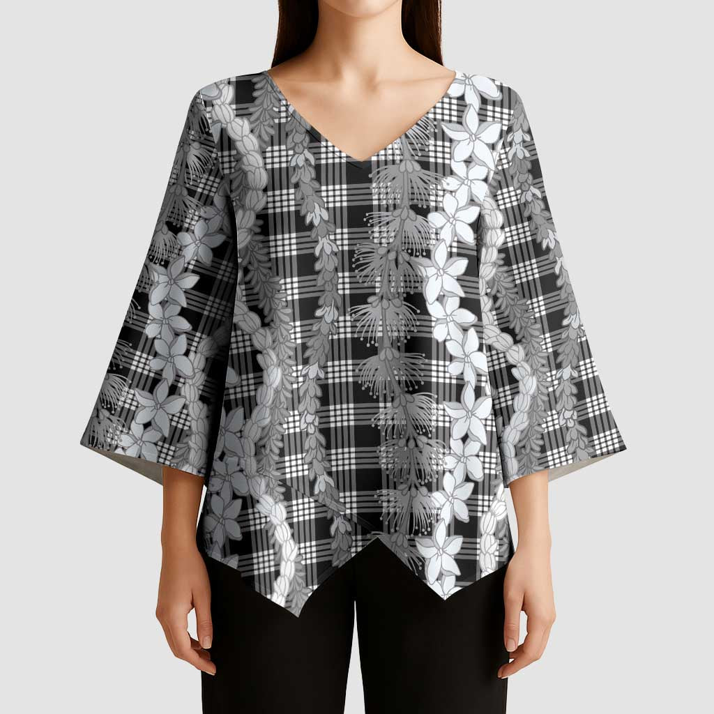 Hawaiian Ohia Lehua Lei Kimono Sleeve Blouse Plaid Palaka Eleele Pattern - Polynesian Pride