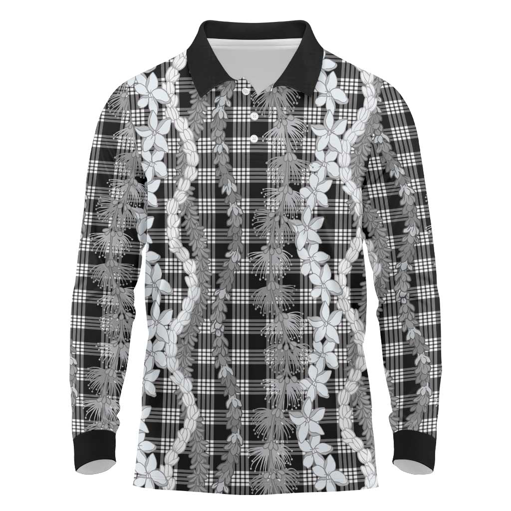Hawaiian Ohia Lehua Lei Long Sleeve Polo Shirt Plaid Palaka Eleele Pattern - Polynesian Pride