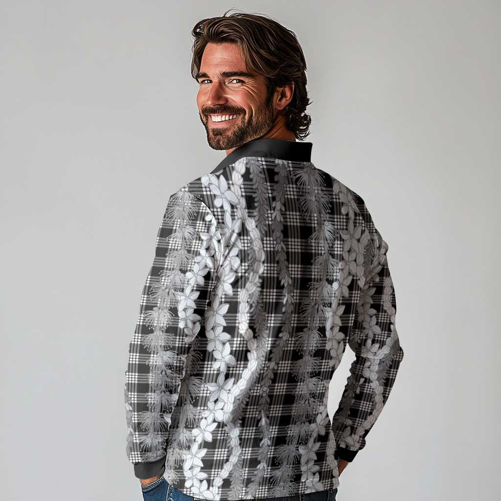 Hawaiian Ohia Lehua Lei Long Sleeve Polo Shirt Plaid Palaka Eleele Pattern - Polynesian Pride