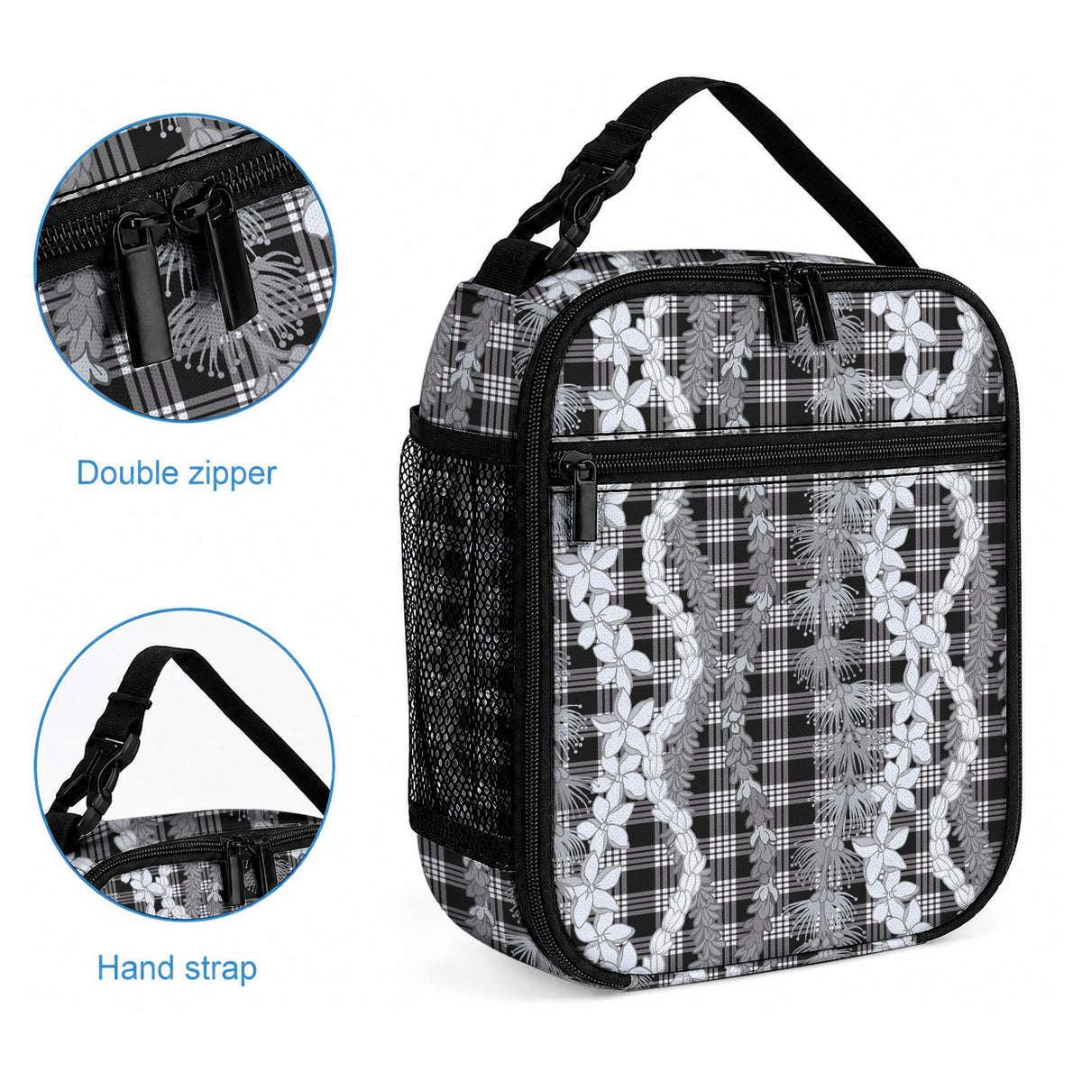 Hawaiian Ohia Lehua Lei Lunch Bag Plaid Palaka Eleele Pattern