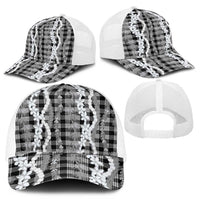 Hawaiian Ohia Lehua Lei Mesh Trucker Cap Plaid Palaka Eleele Pattern - Polynesian Pride
