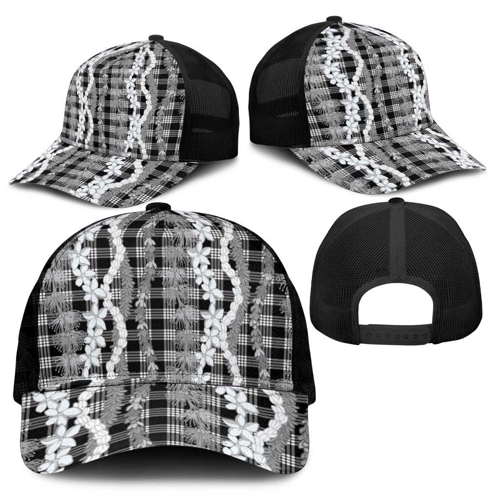 Hawaiian Ohia Lehua Lei Mesh Trucker Cap Plaid Palaka Eleele Pattern - Polynesian Pride
