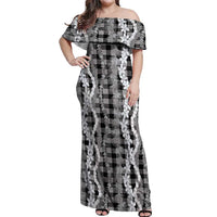 Hawaiian Ohia Lehua Lei Off Shoulder Maxi Dress Plaid Palaka Eleele Pattern - Polynesian Pride