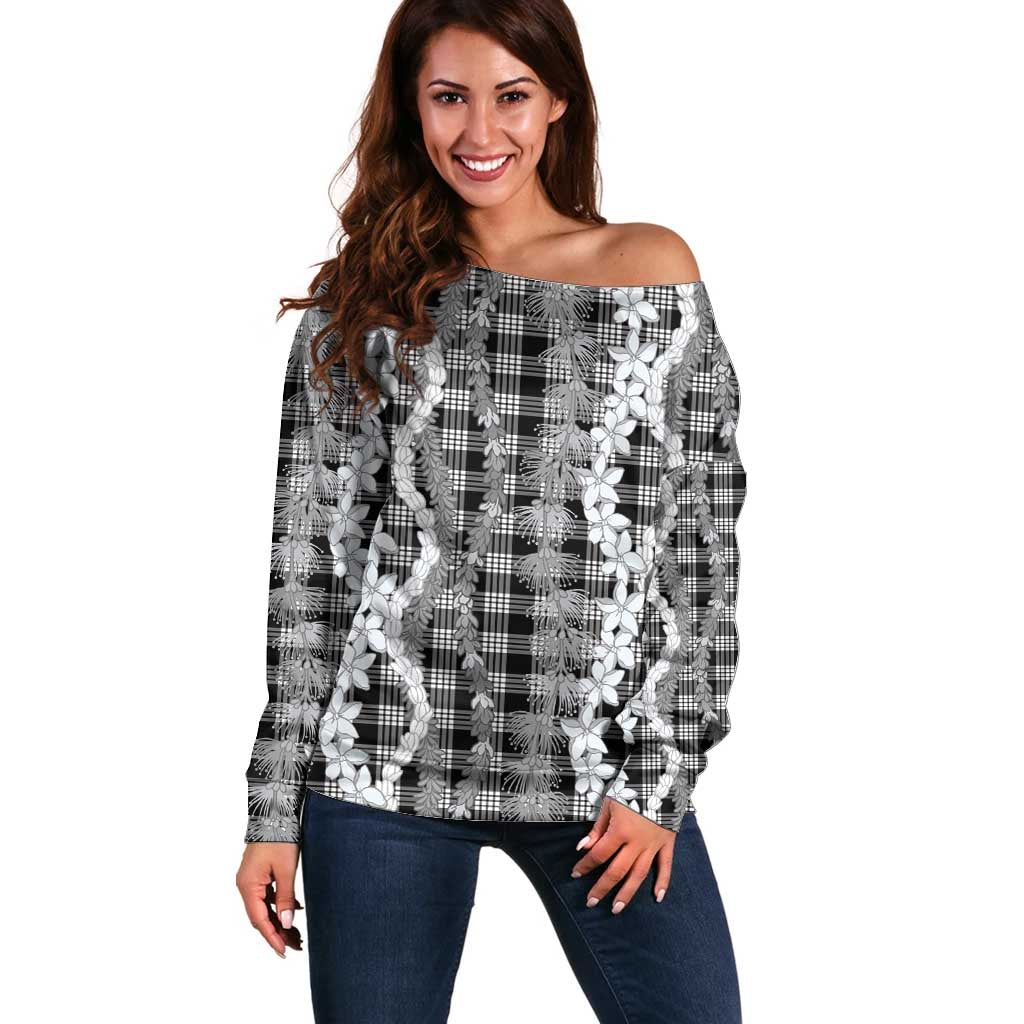 Hawaiian Ohia Lehua Lei Off Shoulder Sweater Plaid Palaka Eleele Pattern - Polynesian Pride