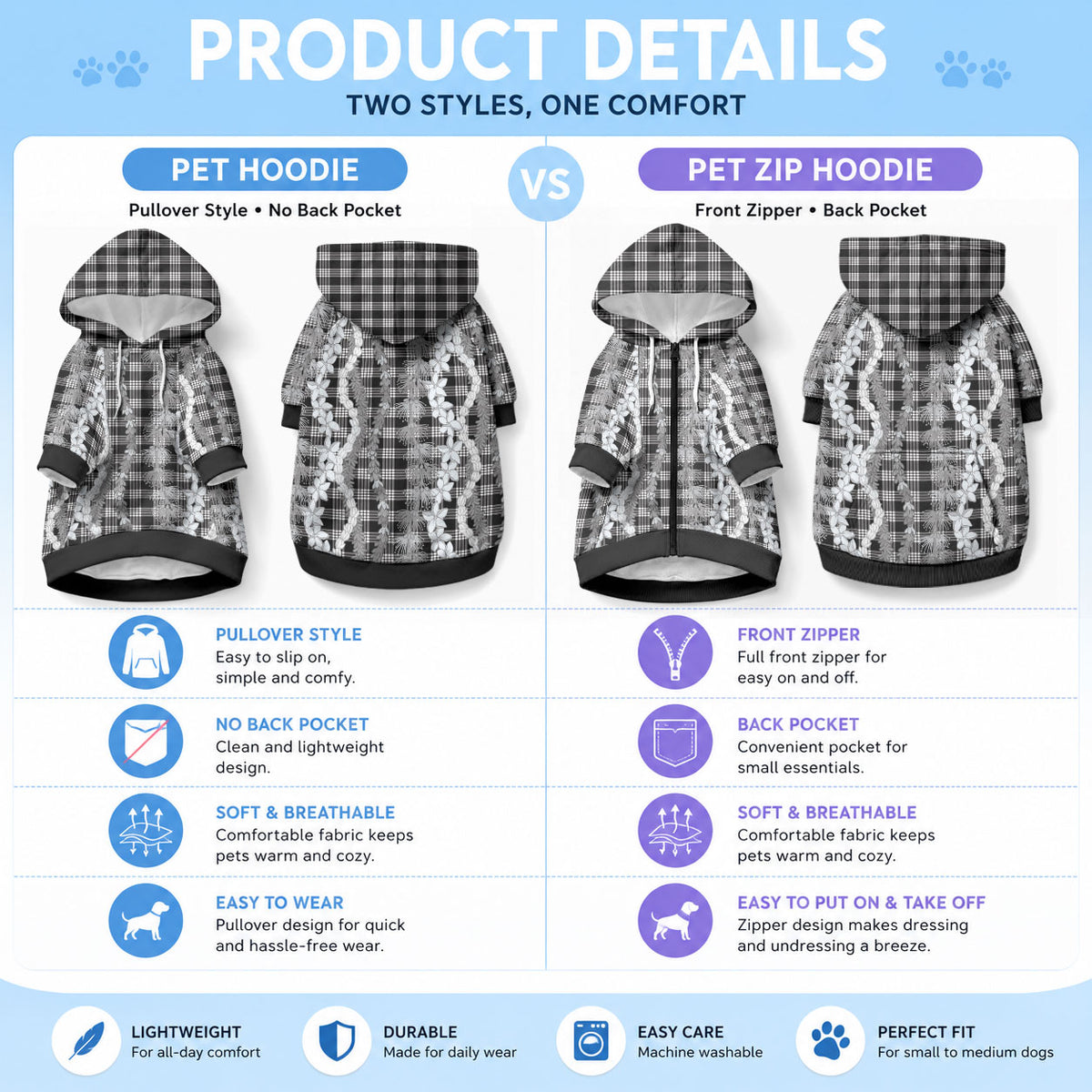 Hawaiian Ohia Lehua Lei Pet Hoodie Plaid Palaka Eleele Pattern