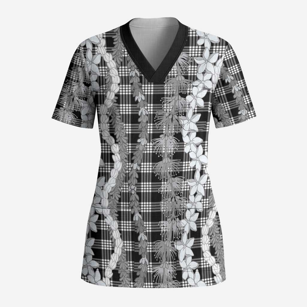 Hawaiian Ohia Lehua Lei Scrub Top Plaid Palaka Eleele Pattern - Polynesian Pride