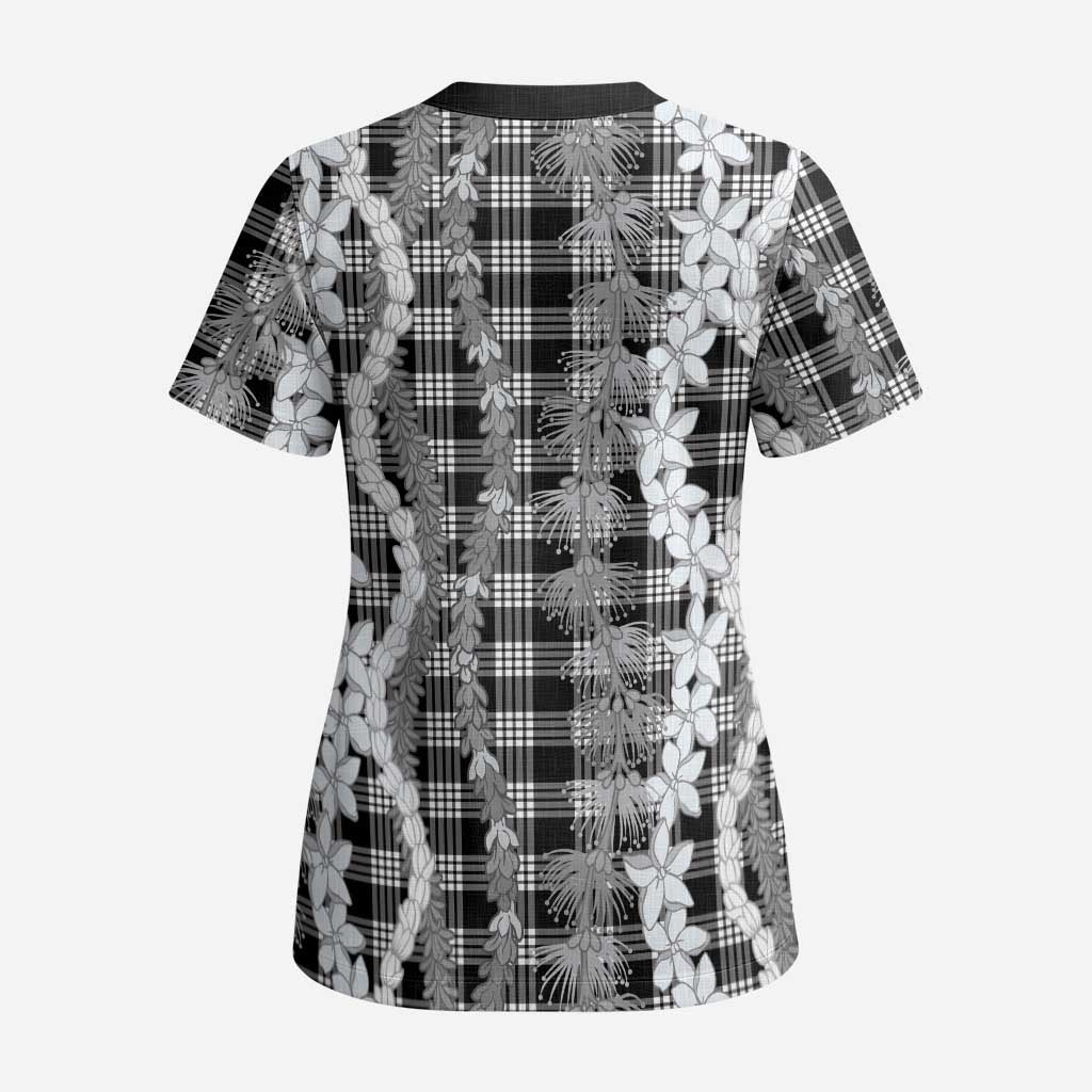 Hawaiian Ohia Lehua Lei Scrub Top Plaid Palaka Eleele Pattern - Polynesian Pride
